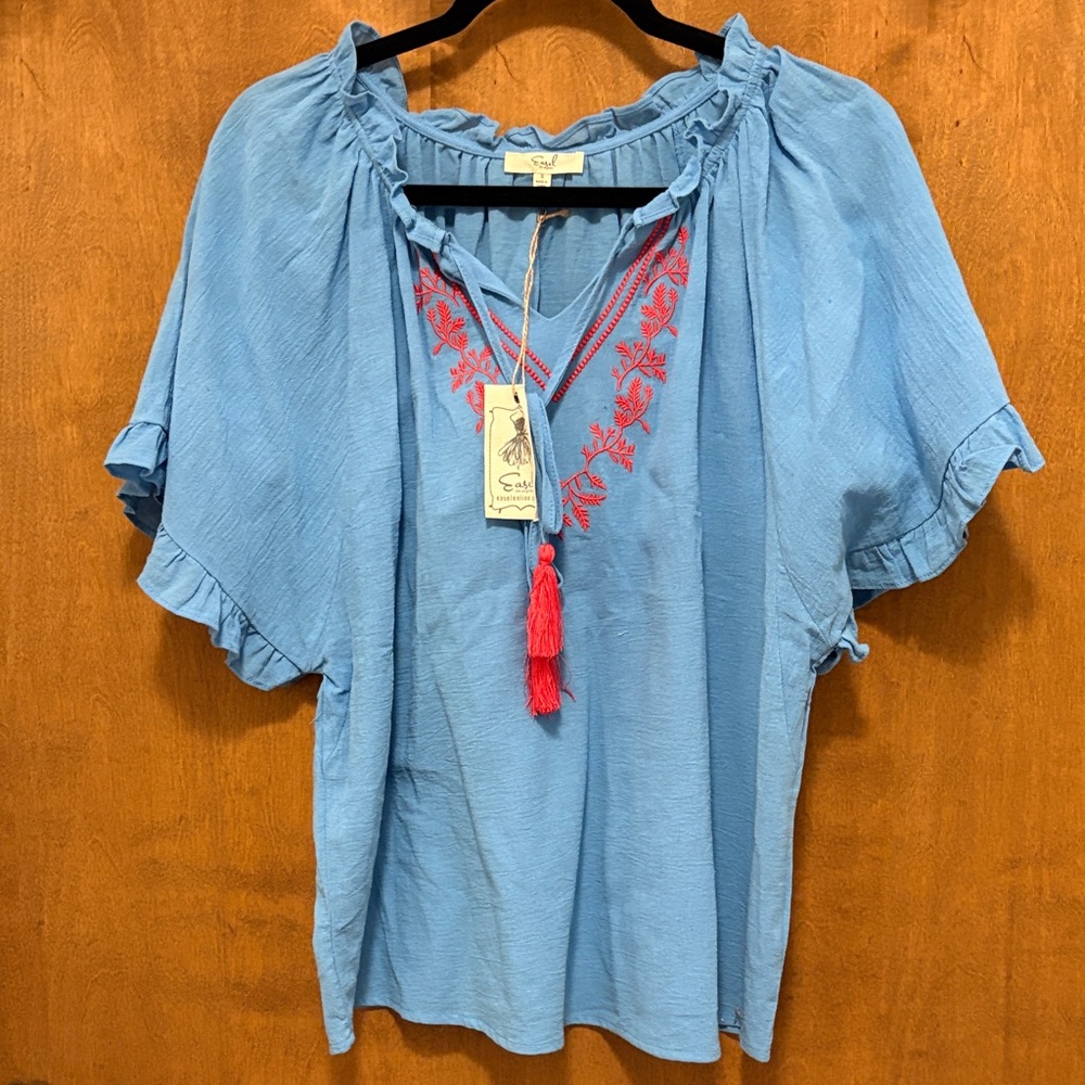 247. Easel Stylish Blue Blouse with Red Embroidery